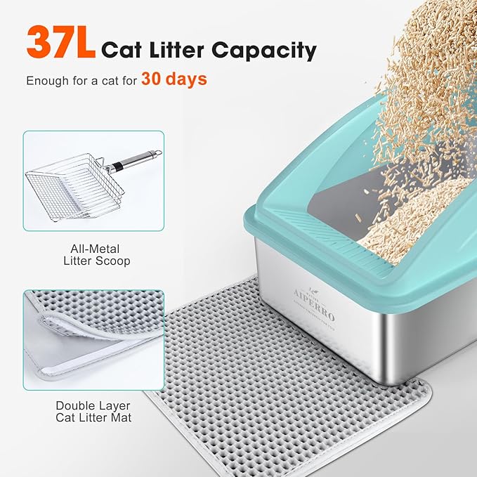 Stainless Steel Cat Litter Box with High Side，XL Extra Large Enclosed Litter Box for Big Cats, Metal Litter Box High Sided, Anti-Urine Leakage, Include Cat Mat and All-Metal Litter Scoop (Turquoise)