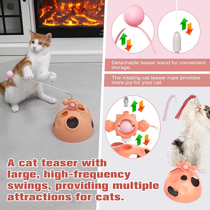 4 in 1 Cat Puzzle Toy for Indoor Cats, Cat Treat Puzzle, Modular Design with Cat Puzzle Feeder, Ambush Wand Dancer, Hide Rolling Ball Maze,Spinning Ball, Cat Enrichment Toys for Indoor Cats