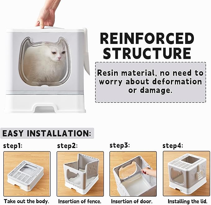 Gefryco Cat Litter Box with Lid, Top Entry Litter Box with Controlled Access, Covered Enclosed Cat Potty Odor Control, Kitten Litter Box for Small to Medium Cats, Scoop and Clean Brush Included(Grey)