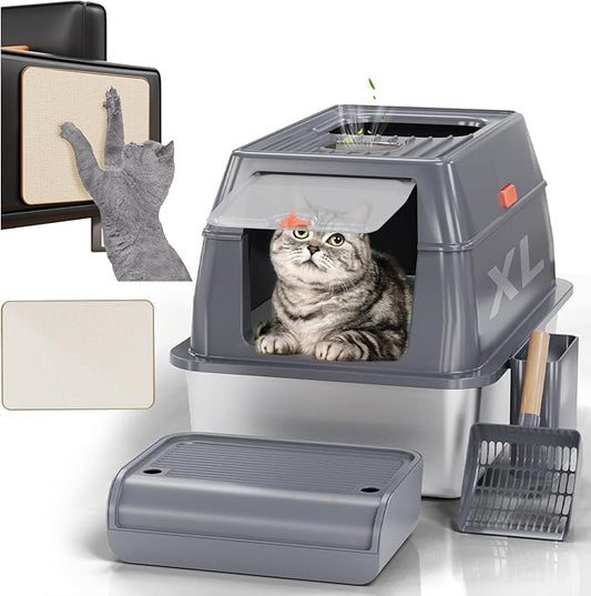 MIKK Enclosed Stainless Steel Cat Litter Box with Lid XL Extra Large Litter Box for Big Cats,Never Absorbs Odors, Sturdy Easy to Clean Non-Sticky Anti-Leakage with Cat Scratcher Mat(Grey)