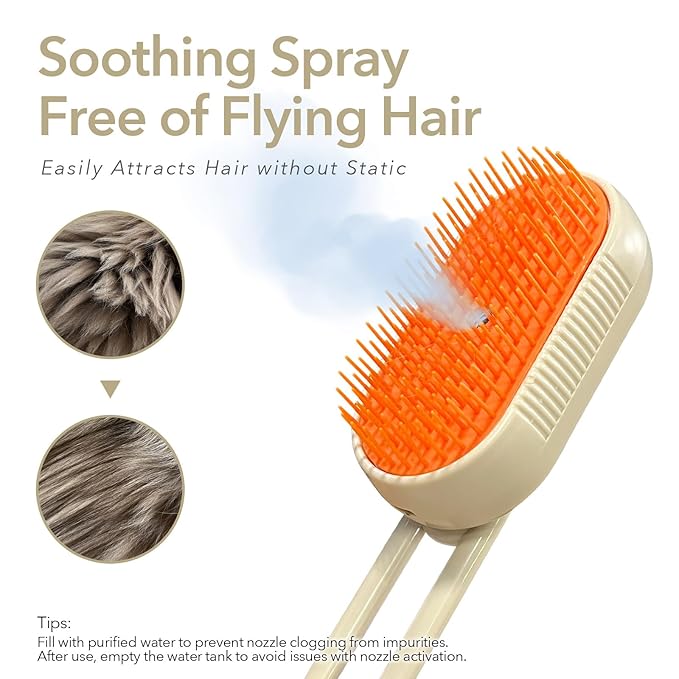Long-Pin Spray Brush for Long Haired Cats & Dogs, 3-in-1 Design: Fur Remover, Massage and Clean, Steam Brush for Shedding, Steamy Dematting Brush For indoor Cats, Dogs and Rabbits (Beige)