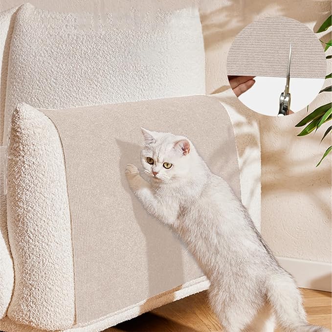 Cat Scratch Furniture Protector Pads with Self-adhesive Backing, 98.5"X15.8" Beige Randomly Cutting Trimmable Cat Scratch Carpet Mat Post Tree Shelves Cover Replacement for Sofa,Wall,Couch,Door,Corner