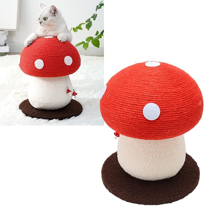 Mushroom Shaped Cat Scratch Post, Durable Grinding Claws Sisal Interactive Cat Scratch Pad Mat, Scratching Post Hung with Small Mushroom Accessories Cat Scratching Board for Pets Cats