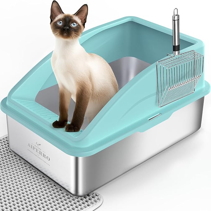 Stainless Steel Cat Litter Box with High Side，XL Extra Large Enclosed Litter Box for Big Cats, Metal Litter Box High Sided, Anti-Urine Leakage, Include Cat Mat and All-Metal Litter Scoop (Turquoise)