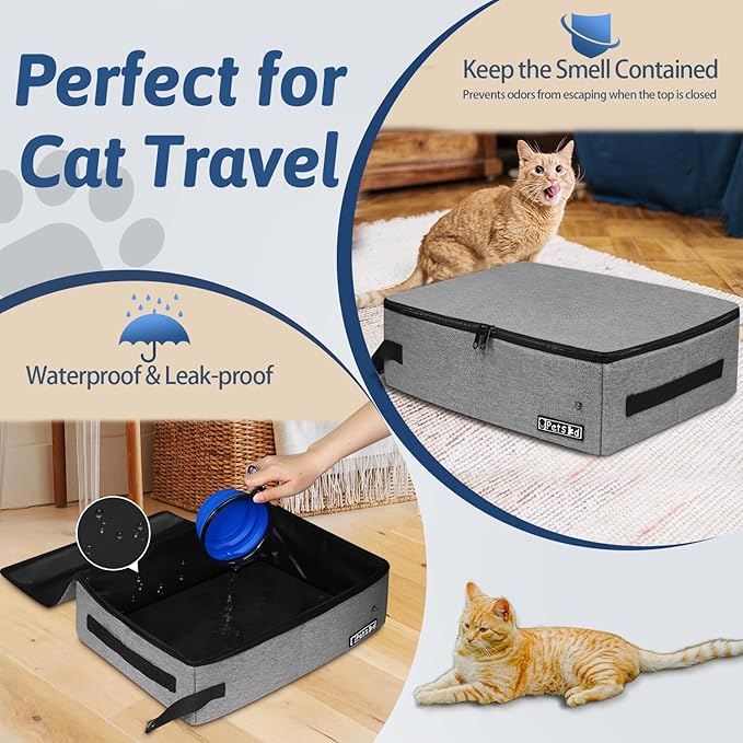 Petskd Portable Cat Travel Litter Box with Lid and 10 pcs Disposable Liner Bags, Leak-Proof and Collapsible, Cat Travel Essentials for Car Travel, Hotel, Airplane and Other Outdoor Use(Grey)