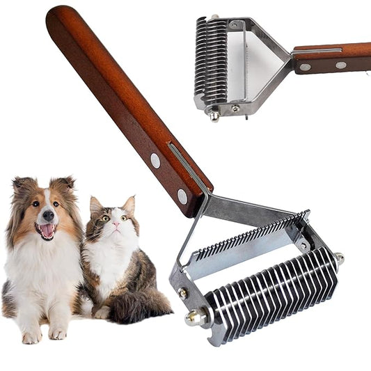 Pet Undercoat Rake for Long Haired Dogs Cats,2 in 1 Cat Safe Dematting Comb and Deshedding Brush Dog Grooming Tools with Wooden Handle Efficiently Remove Mats, Tangles, Loose Hair