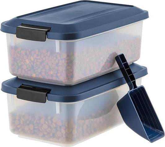 IRIS USA WeatherPro Airtight Pet Food Storage Container, Up to 14 lbs, Dog Cat Bird and Other Pet Food Storage Bin Keep Pests Out Translucent Body BPA Free Stackable, 2 Pack, Navy