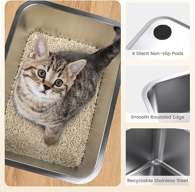 Stainless Steel Cat Litter Box - Scoop Free Cat Litter Boxes, Metal Litter Box, Stainless Steel Litter Box Easy to Clean, High Sided Litter Box, Ideal for Cats Rabbits Hamsters(Small)