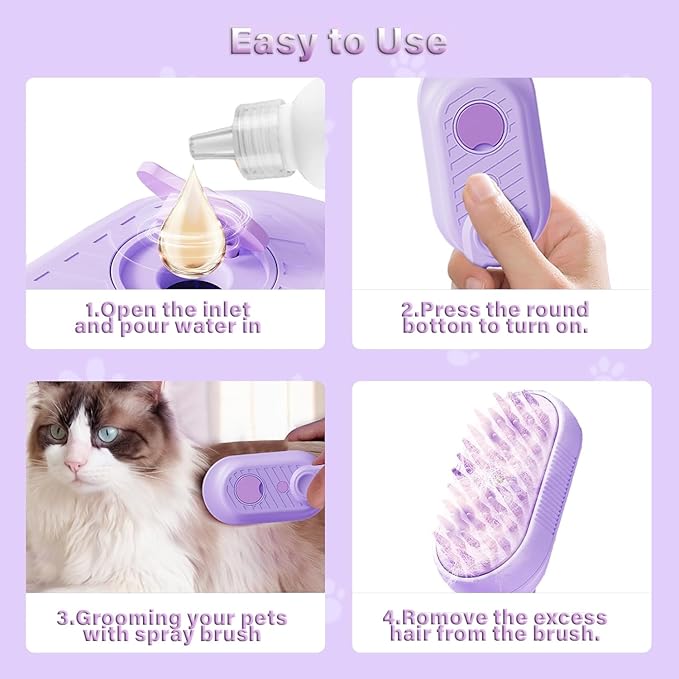 Cat Steam Brush for Shedding, 3 in 1 Cat Steam Brush with Foldable Handle, Steam Brush for Cats Dogs, Spritz Defur Comb for Cats, Water Brush for Cat, Pet Spray Hair Removal Comb