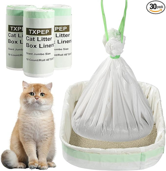 30 Litter Box Liners Giant Jumbo 3MIL Cat Litter Bags Tear Resistant Litter Liners Heavy Duty Cat Pan Liners Extra Large Kitty Litter Box Bag XXL Disposable Cat Supplies for Easy Cleanup 45" x 18"