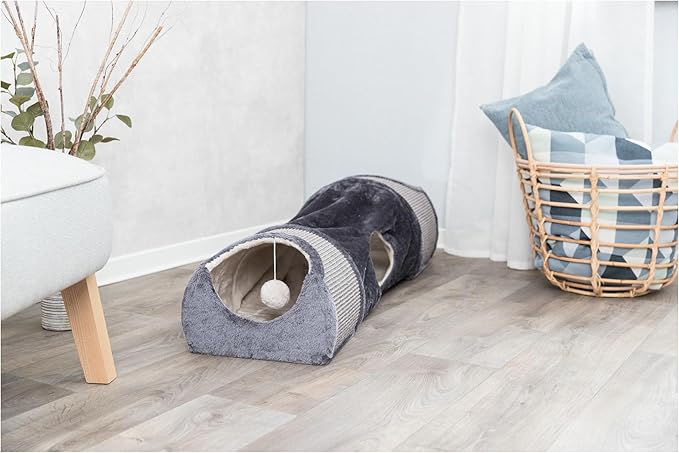 TRIXIE Cat Tunnel for Indoor Cats - Cozy Peekaboo Cat Cave Including Dangling Cat Toys - with Sturdy Sisal Scratching Surfaces - Collapsable and Easy to Store Cat Tube - in Gray