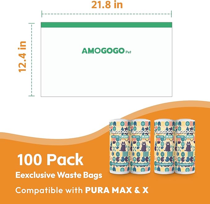 Self-Cleaning Litter Box Liner Bags, Compatible with PETKIT Pura Max & X, Leak-Proof Replacement Waste Bags, 100 Count Cat Litter Trash Bags with Drawstring, 21.8" x 12.4"