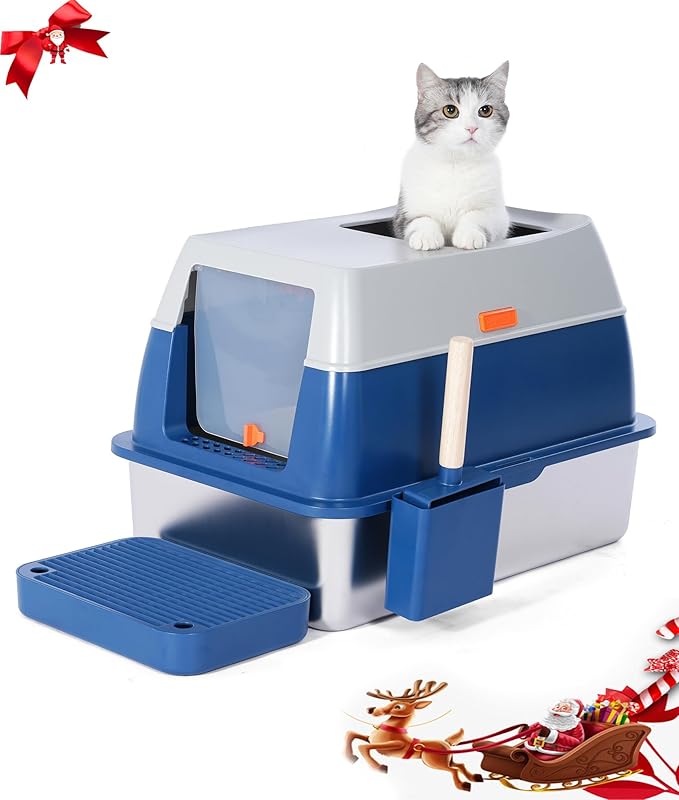 Enclosed Stainless Steel Litter Box with High Sides, Top Entry Jumbo Cat Litter Box with Lid, Covered Metal Extra Large Litter Box for Big Cats, Durable, Anti Leakage, Odorless, Non-Sticky, FOXORU