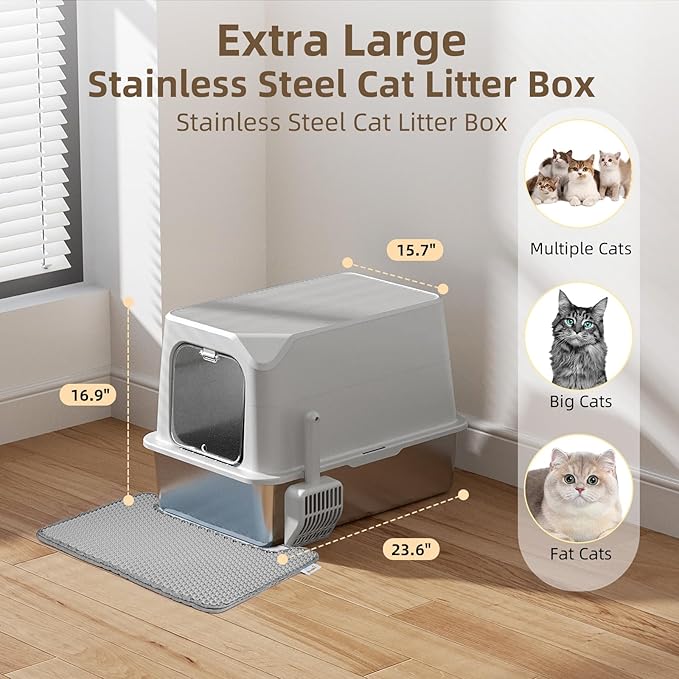 Stainless Steel Cat Litter Box with Lid, Extra Large Litter Box, Great for Large & Small Cat, Easy to Clean, Anti-Leakage, Non-Sticky, Multifunctional 2 in-1 Metal Cat Litter Box - Light Gray