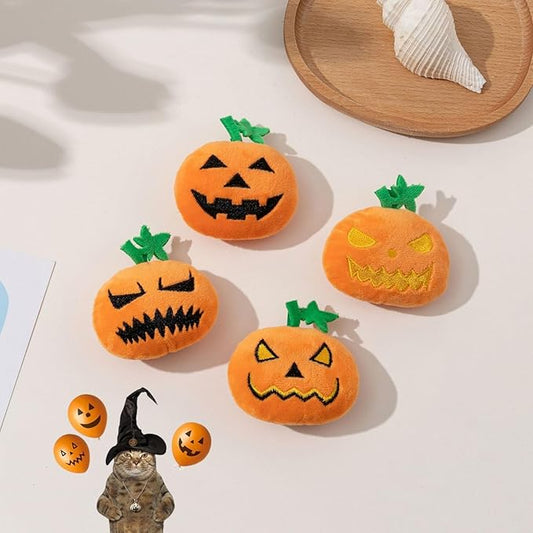 4PCS Halloween Pumpkin Cat Squeaky Toys Interactive Plush Pet Toy for Indoor Cats with Squeaker