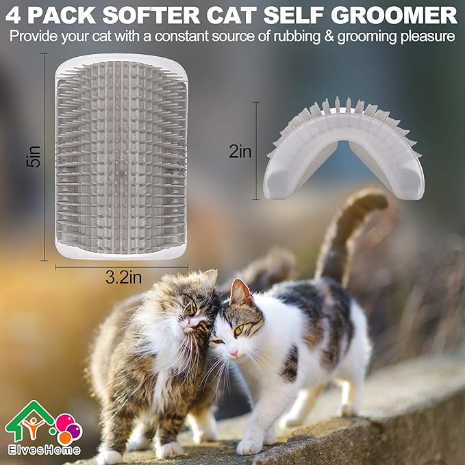 Cat Grooming Brush 4 Set, Self Groomer, Slicker Brush Tool for Shedding, Pet Grooming Supplies for Short Long Hair Cats