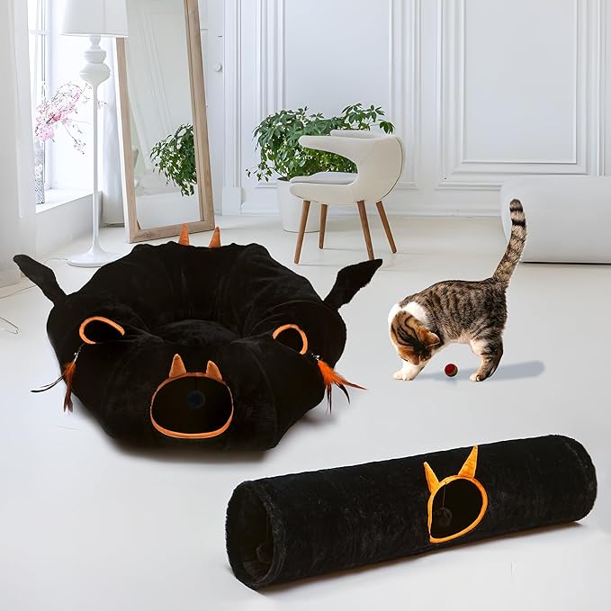 Luxurious Cat Tunnel,43" Straight Cat Tunnel Bed with Balls,Cat Toys for Indoor Cats,Collapsible Peekaboo Cat Cave for Kitten Toys（Gothic）