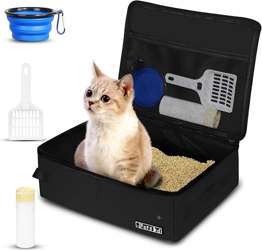 Petskd Portable Cat Travel Litter Box with Lid and 10 pcs Disposable Liner Bags, Leak-Proof and Collapsible, Cat Travel Essentials for Car Travel, Hotel, Airplane and Other Outdoor Use(Black)