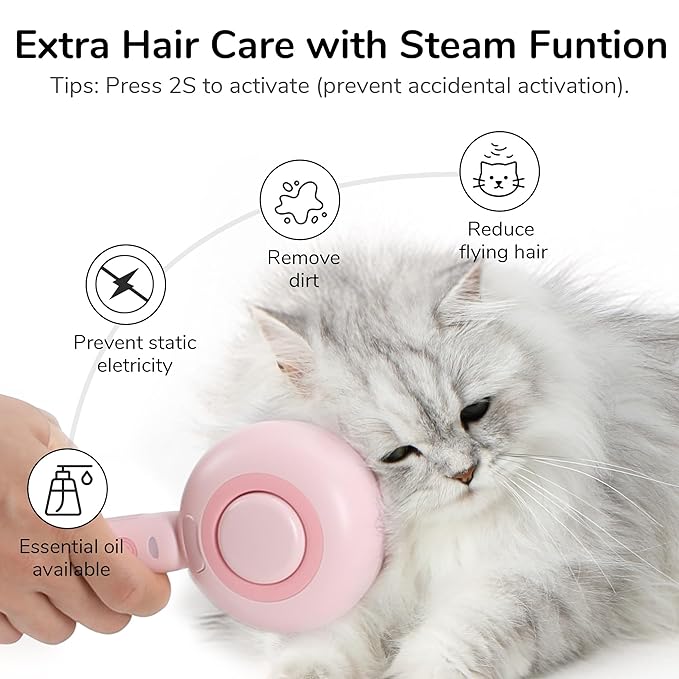 FUKUMARU Cat Steam Brush, 3 in 1 Cat Shedding Brush, Pet Steam Brush with Water Tank and USB Rechargeable, Self Cleaning Brush for Dog with Release Button, Remove Static Flying Tangled Hair, Pink