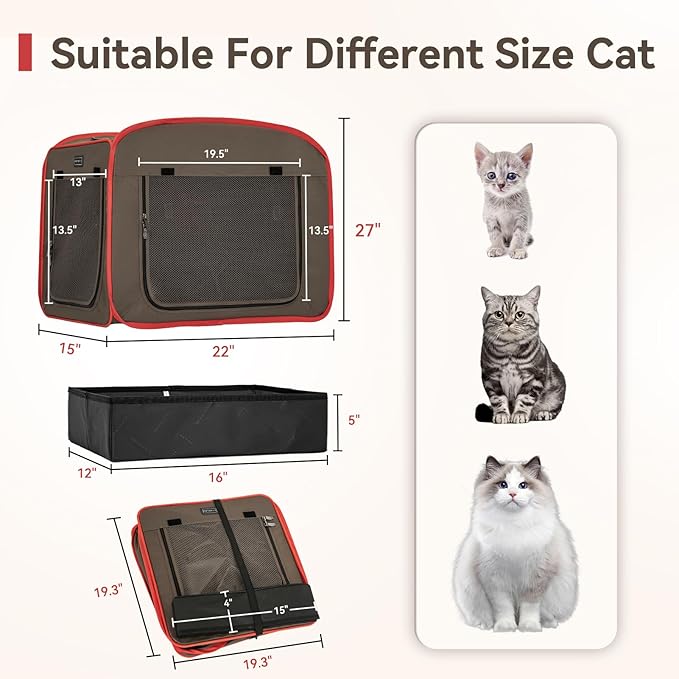 Petsfit Portable Cat Crate with Litter Box and Soft Cushion Cat, Collapsible Pop Up Cat Kennel with Carrying Bag for Travel