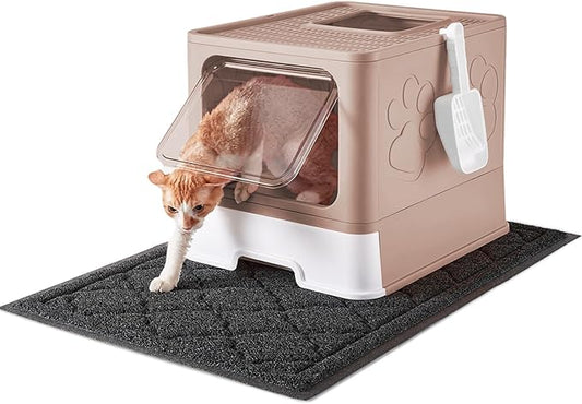 Cat Litter Box with X-Large Litter Mat and Scoop, Large Foldable Litter Box with Lid, Front Top Entry Exit Kitty Litter Box, Odor Control Easy Clean (Upgrade Coffee)