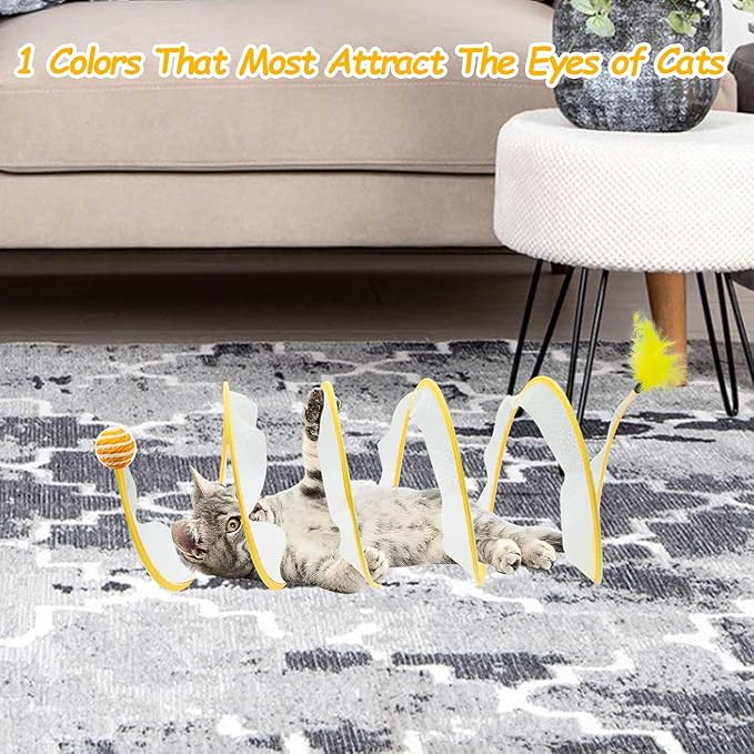 Cat Tunnel, 1PCS Folded Cat Tunnel Toy, Yellow Sisal Hemp Ball Tube Cat Springs for Indoor with Feather, Mouse Toys Interactive Cat Toy Tunnel Self-Happy Cat Toys, S-Type Collapsible Tent
