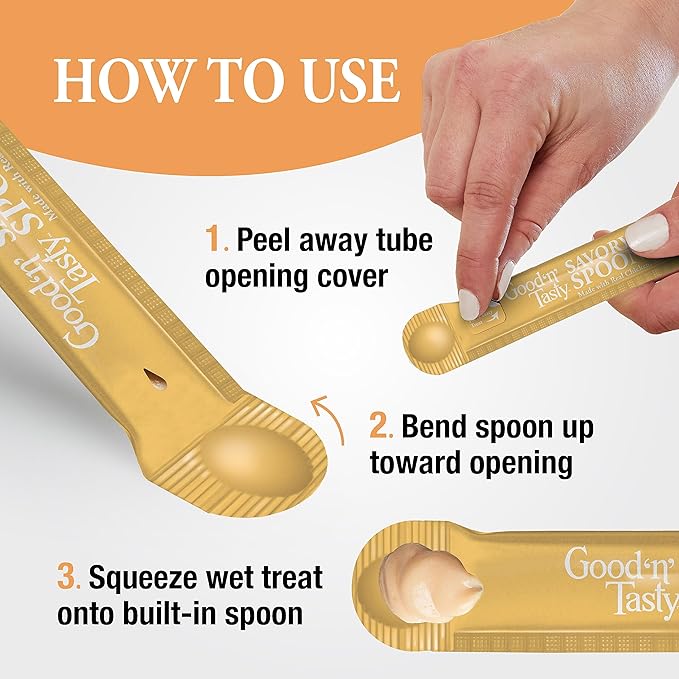 Good ‘n’ Tasty Savory Spoonables with Real Chicken, Salmon & Duck, 10 Count Tube, Triple Flavor Squeezable Lickable Wet Treats for Cats with Built-in Spoon for Less Mess