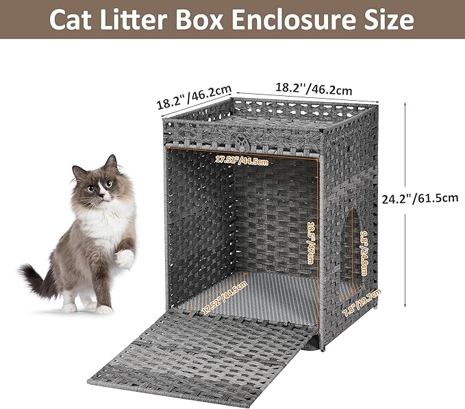 Cat Litter Box Enclosure with Soft Litter Mat; Hidden Cat Washroom Furniture with Door; Handwoven Rattan Cat House; Pet Crate for Living Room, Bedroom, Balcony (Grey)