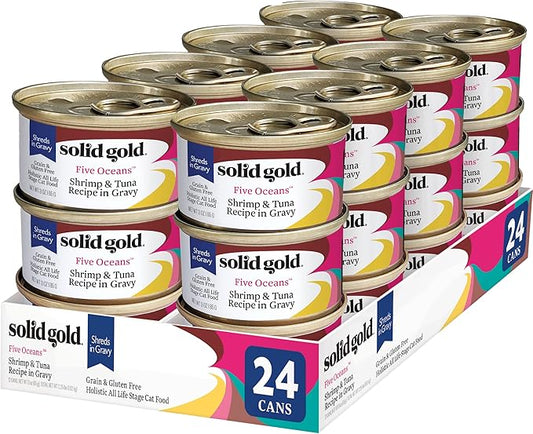 Solid Gold Wet Cat Food Shreds in Gravy - Canned Cat Food Made w/Real Tuna & Shrimp - Five Oceans Grain Free 24ct/3oz Can