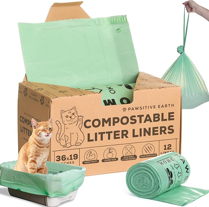 Cat Litter Box Liners 100% Compostable - Drawstring Close - 12 Count - Jumbo Size 36" x 19" - Tear & Leak Resistant - OK Compost Home Certified