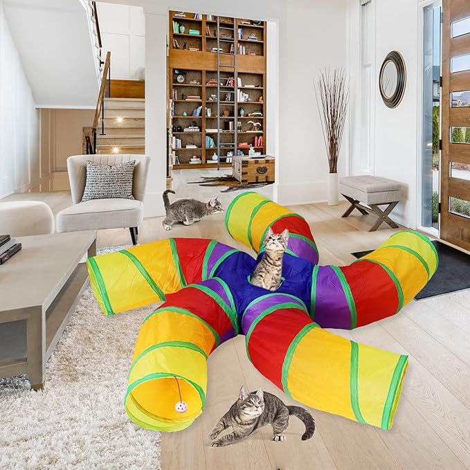 Bemodst Cat Tunnel for Indoor Cats, 2 Way/3 Way/4 Way/5 Way Cat Tubes and Tunnels Collapsible S-Shape Small Animal Tubes Kitty Tunnels Interactive Maze Cat Toy for Kitten Rabbit (Colored 5-Way)