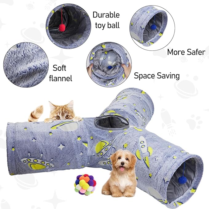 3-Way Plush Cat Tunnel Tube, Cat Toys Collapsible Tunnel Tube with Noctilucous Pattern and Cat Toy Ball, Cat Tunnel for Indoor, Suit for Rabbits, Kittens, Ferrets,Puppy and Dogs,Small Animals