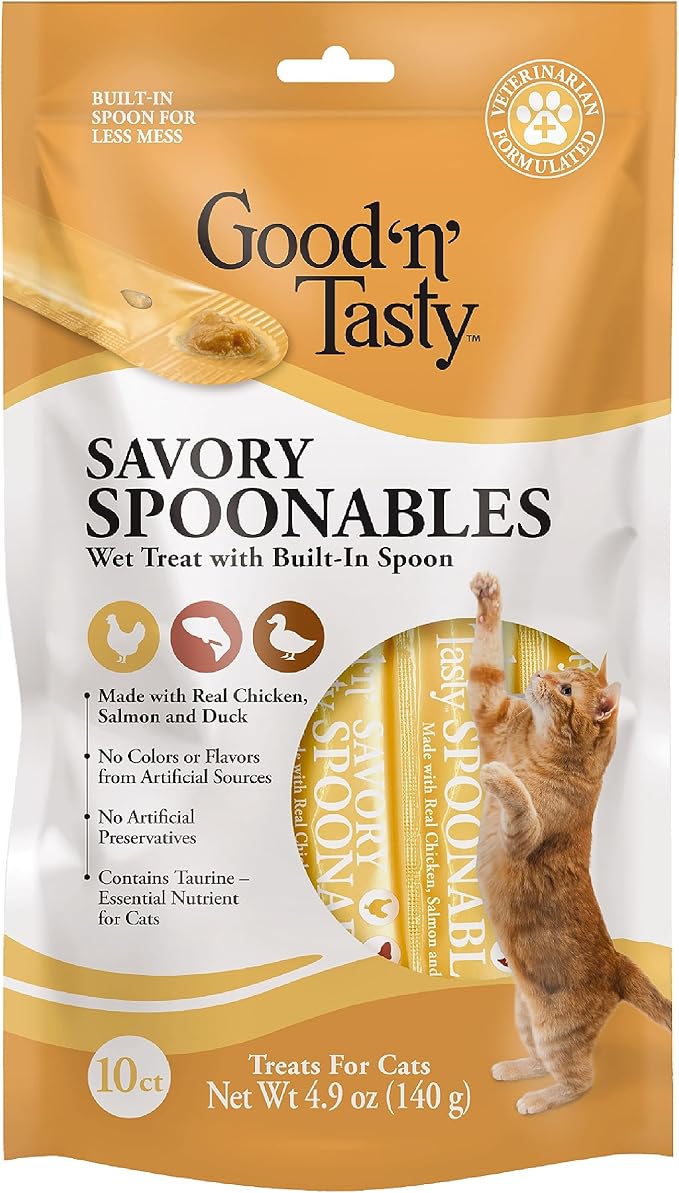 Good ‘n’ Tasty Savory Spoonables with Real Chicken, Salmon & Duck, 10 Count Tube, Triple Flavor Squeezable Lickable Wet Treats for Cats with Built-in Spoon for Less Mess