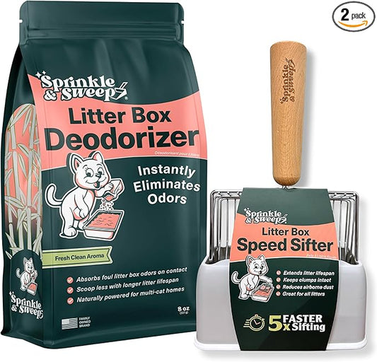 Sprinkle & Sweep Litter Box Deodorizer - Cat Litter Deodorizer Non Toxic and Safe for Kittens - Litter Deodorizer Instantly Eliminates Foul Litter and Urine Odors (1 Bag + Speed Sifter)
