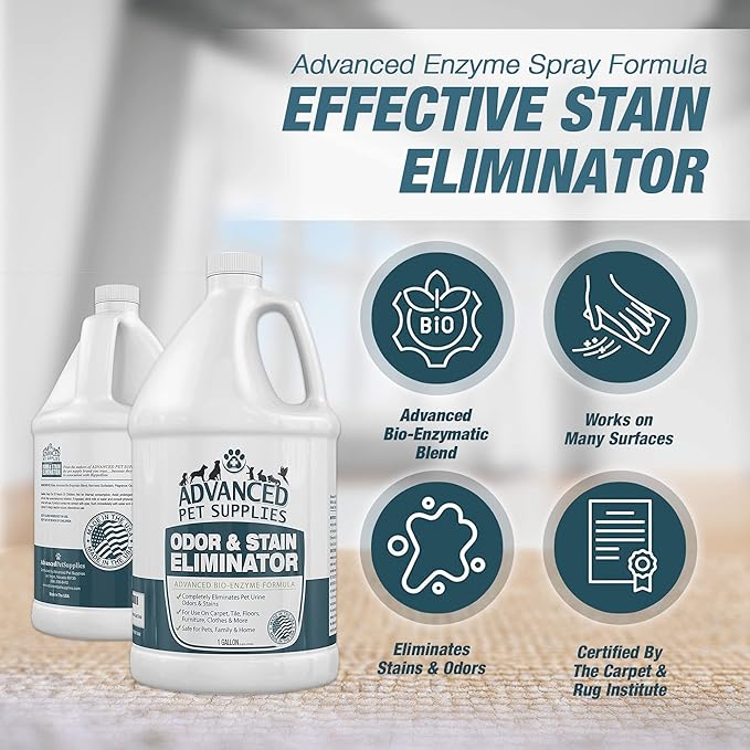 Advanced Pet Supplies Odor Eliminator and Stain Remover Carpet Cleaner with Odor Control Technology, Professional Strength Enzymatic Solution, Natural Enzymes for Carpet and Hardwood Floors (Gallon)