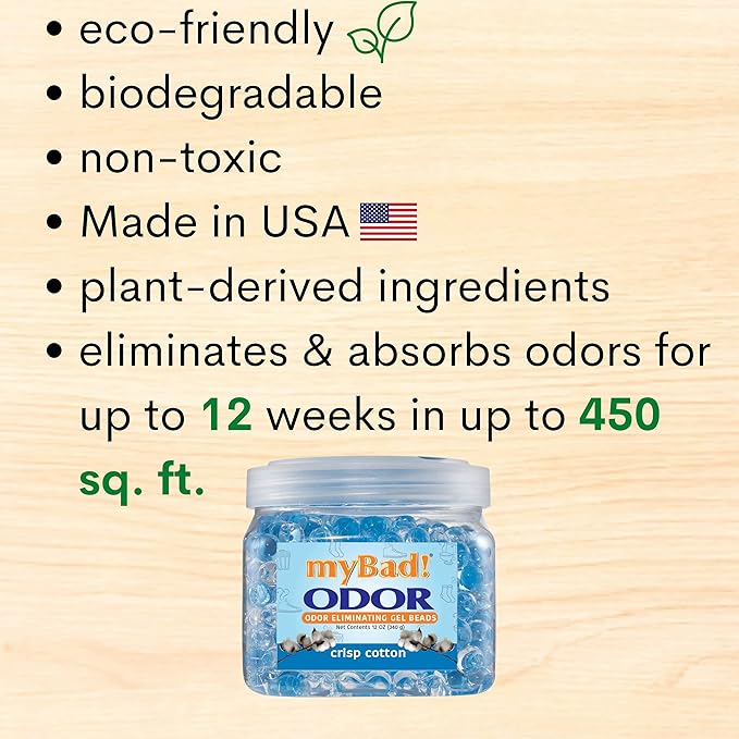 Odor Eliminator Essential Oil Gel Beads 12 oz - Air Freshener - Eliminates Smells in Bathroom, Pet Area, Closets, RVs, Pet Areas (Crisp Cotton, 1 Pack)