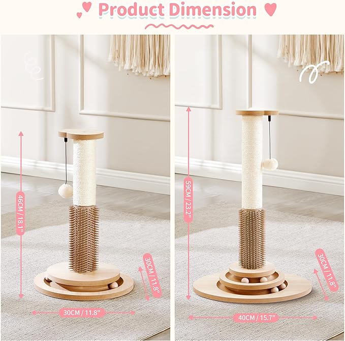 Made4Pets 23" Tall Sisal Cat Scratcher Post with Self Groomer, 4-in-1 Interactive Trackball Toys, Vertical Climbing Tree with Dangling Balls