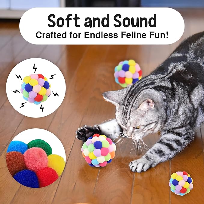 Vila Fuzzy Balls with Bells for Cats, Chewing and Enrichment Tool, Multi-Color Soft Plush, Small (2”), Medium (2.5”), Large (3”), 3 Pieces Per Pack