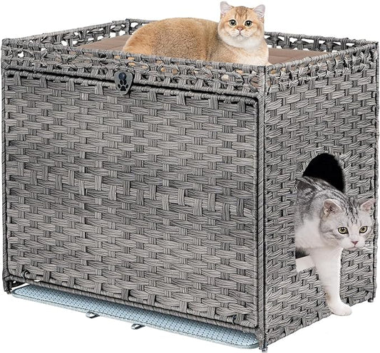 Snughome Cat Litter Box Enclosure with Cat Litter Mat, Hidden Cat Washroom Furniture with Door, Handwoven Rattan Cat Washroom Box (Grey, 27.56" L x 17.91" W x 23.62" H)