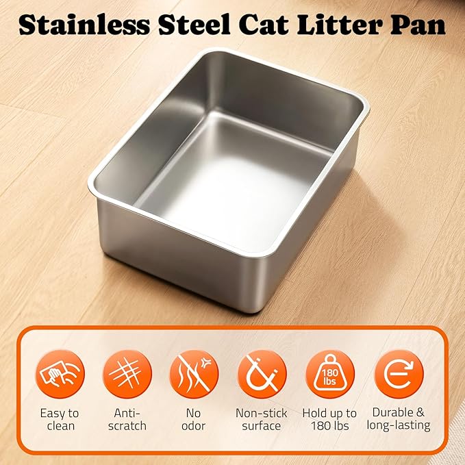 Pawtners Stainless Steel Cat Litter Box, XL Extra Large Enclosed Kitty Litter Pan, Front Entry Top Exit Hooded Metal Cat Toilet for Odor Control with Removable Lid & Scoop, Anti-Leakage, Easy to Clean