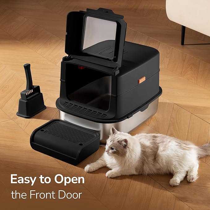 Stainless Steel Litter Box with Lid – XL Removable Covered Cat Litter Box with Door Flap,Extra Large Enclosed Metal Litter Box with High Sides,Litter Scoop – Durable & Easy to Clean,Black