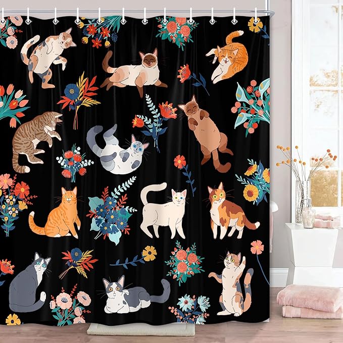 Cute Cat Shower Curtain With Flowers, Black for Bathroom Decor, Funny Set With Hooks, Kids 72X72in