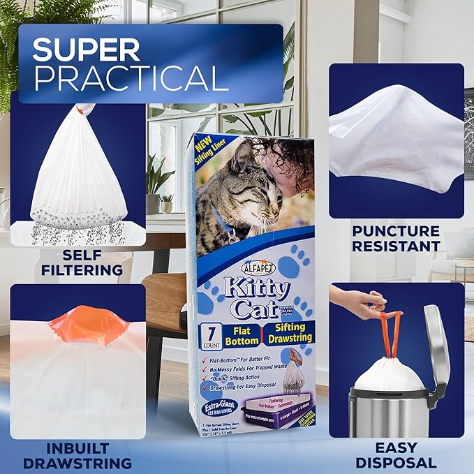 Self Sifting Kitty Litter Box Liners, Set of 7 - Flat Base Disposable Cat Waste Tray Bags for Pet Poop - XL Design for Large Trays - With Inbuilt Drawstring Handles - Liner Fits the Corner of the Pan