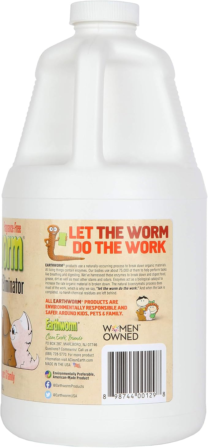 Earthworm Pet Stain Remover & Odor Eliminator- Removes Urine Smell with Natural Enzyme Formula, Fragrance Free Spray - 64 oz