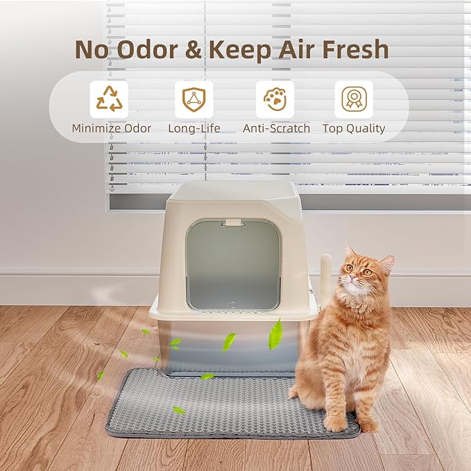 Stainless Steel Cat Litter Box with Lid, Extra Large Litter Box, Great for Large & Small Cat, Easy to Clean, Anti-Leakage, Non-Sticky, Multifunctional 2 in-1 Metal Cat Litter Box - Beige