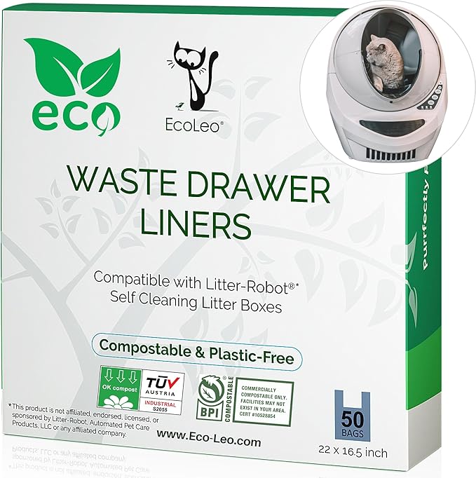 EcoLeo, Compatible with Litter-Robot 3, Plant-Derived and Plastic-free, Handle Waste Drawer Liner Bags, Thick, for Automatic Litter Box, Compatible with Leo's Loo (50-Count)
