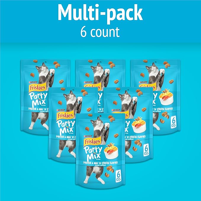 Purina Friskies Cat Treats, Party Mix Lobster & Mac 'N' Cheese Flavors - (Pack of 6) 6 oz. Pouches