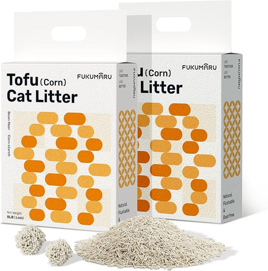FUKUMARU Tofu Cat Litter Clumping, Low dust Cat Litter, 100% Natural Ingredients Litter, Flushable, Ultra Absorbent, Lightweight, Low Tracking Cat Litter Unscented, Odor Control (8lb x 2 Bags)