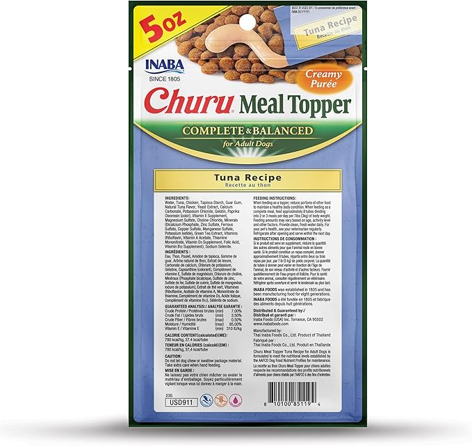 INABA Churu Meal Topper for Dogs, Complete & Balanced, Creamy, Lickable Purée Dog Food Toppers, 1.69 Ounce Tube, 9 Tubes (3 per Pack), Tuna Recipe