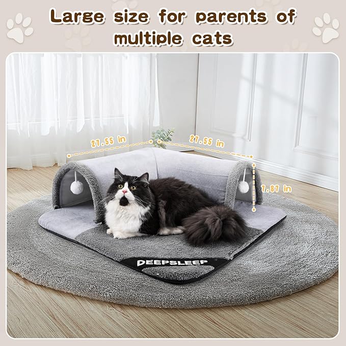 Cat Tunnel Bed for Indoor Cats, 2in1 Cat Bed and Tunnel Cat Toys,27.55IN Large Size Cat Carpet Tunnel Suitable for All Seasons, Detachable, Washable for Cats and Small Pets&Grey